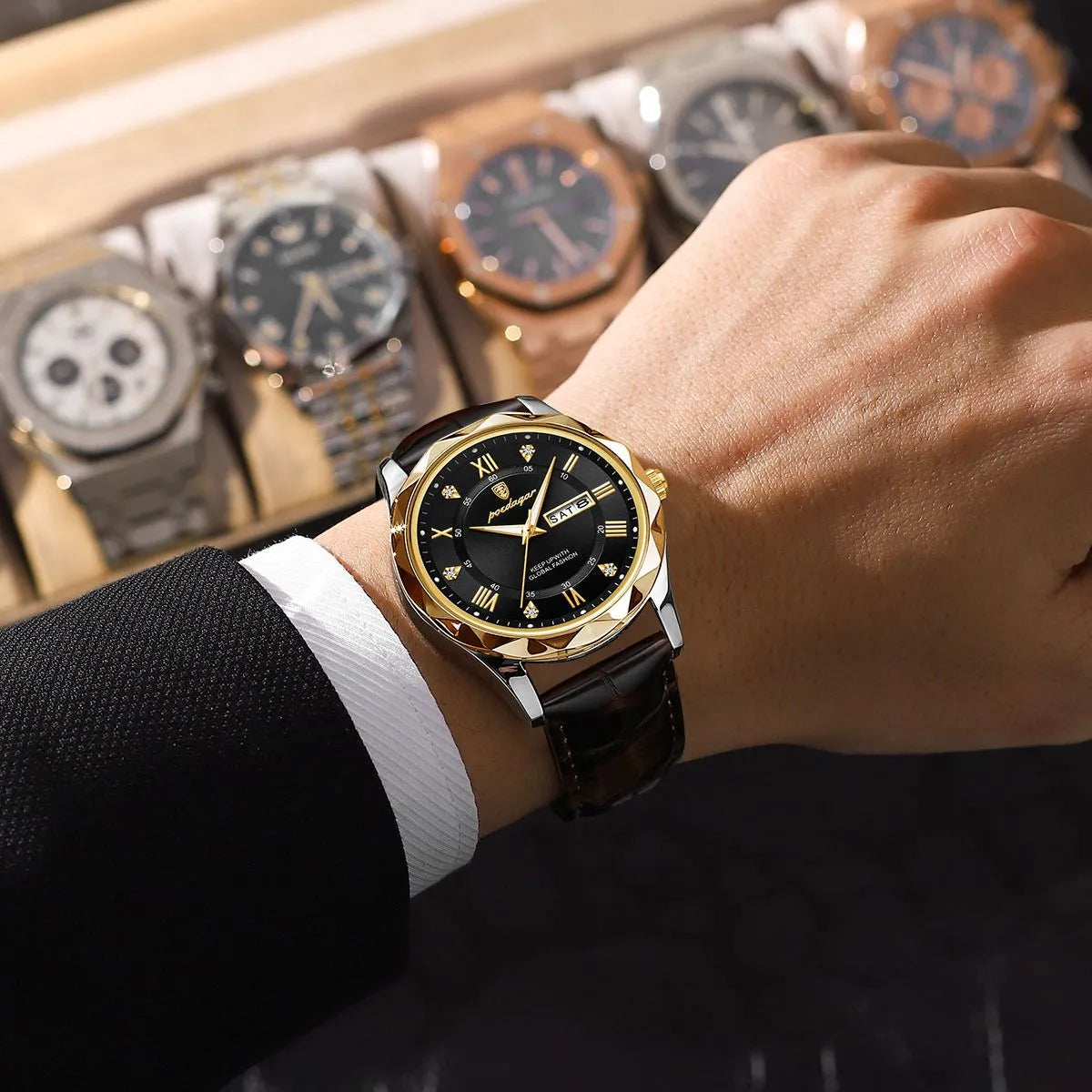 POEDAGAR Luxury Business Man Wristwatch Waterproof Luminous Date Week Men Watch For Men Quartz Clock Leather Men's Watches